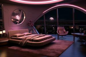 AI generated 3D rendering of a beautiful bedroom with a view of the city, Futuristic bedroom with romantic lighting, AI Generated photo
