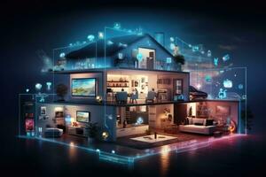 AI generated Modern house with glowing lights and media icons on dark background 3D rendering, Explore the concept of the Internet of Things through an image showcasing a smart home, AI Generated photo