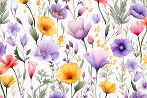 AI generated Seamless pattern with colorful flowers. Hand drawn watercolor illustration, Floral seamless pattern in watercolor with colorful wildflowers and leaves, AI Generated photo