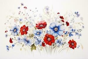 AI generated Flower bouquet on white background. Flat lay, top view, Floral painting with red, white, and blue flowers on a white background, AI Generated photo