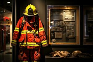 ai generado bombero uniforme y casco a el fuego Departamento en el edificio, bomberos búnker traje desplegado en el fuego estación, ai generado foto