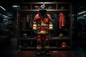 AI generated Firefighter in uniform standing in a fire station. Dark background, Firefighter's bunker suit displayed in the fire station, AI Generated photo