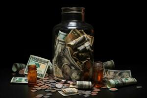 AI generated Glass jar full of money on a black background. Saving concept, Expensive medicine with money and contempt, AI Generated photo