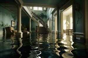 ai generado interior de un nadando piscina en un hotel. 3d representación, inundado casa con habitaciones lleno de agua, ai generado foto