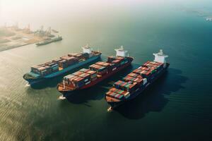 AI generated Container Cargo freight ship with working crane bridge for Logistic Import Export background, Four container ships sailing across the ocean in this aerial photograph, AI Generated photo