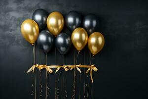 ai generado negro y dorado globos con cintas en negro antecedentes. fiesta decoración, oro globo manojo en un negro pared fondo, ai generado foto