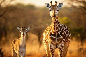 AI generated Giraffe and baby in the Okavango Delta - Moremi National Park in Botswana, Giraffe and Plains zebra in Kruger National Park, South Africa, AI Generated photo