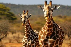 AI generated Two Giraffes in the Tsavo East National Park, Kenya, Giraffe and Plains zebra in Kruger National Park, South Africa, AI Generated photo