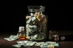 AI generated Dollars in a glass jar with pills and bottles on a black background, Expensive medicine with money and contempt, AI Generated photo