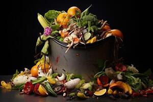 ai generado Fresco vegetales en un maceta en un negro antecedentes. sano comida concepto, comida yendo a desperdiciar, ai generado foto