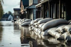 ai generado manojos de sacos de arena en un inundado calle en el Países Bajos, inundar proteccion sacos de arena con inundado casas en el fondo, ai generado foto