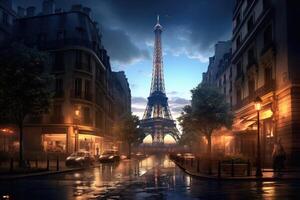 AI generated Eiffel Tower in Paris at night, France. 3D rendering, Eiffel Tower city, AI Generated photo