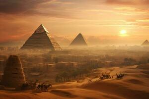 AI generated The pyramids of Giza at sunset, Egypt. 3d rendering, Egypt, Cairo - Giza, General view of pyramids and cityscape from the Giza Plateau, AI Generated photo