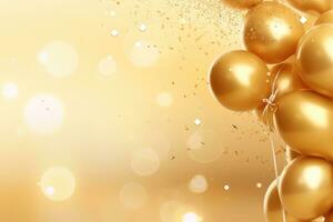 AI generated Golden balloons and confetti on bokeh background. 3d render, Golden balloons and confetti on a golden background, presented in 3D rendering, AI Generated photo
