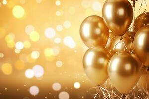 AI generated Gold party balloons with confetti and ribbons on golden bokeh background, Golden balloons and confetti on a golden background, presented in 3D rendering, AI Generated photo