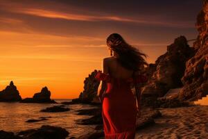 ai generado embarazada mujer en rojo vestir en pie en el playa a atardecer, épico rojo puesta de sol en cala llentrisca con un modelo, ibiza, ai generado foto