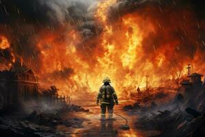 AI generated Fireman at the scene of a natural disaster. 3d render, Firefighter attempting to prevent the spread of natural disaster, AI Generated photo