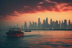 AI generated Fishing boat and skyscrapers in Dubai, United Arab Emirates, Dubai and the Persian Gulf in the evening, AI Generated photo