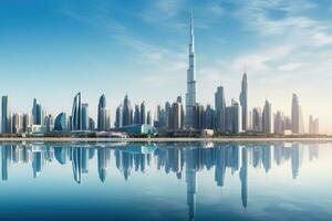 AI generated Dubai skyline with reflection in the water, United Arab Emirates, Dubai Business Bay panoramic view, UAE, AI Generated photo