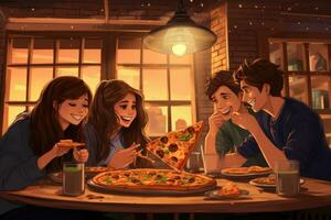 ai generado grupo de amigos comiendo Pizza en un pizzería. vector ilustración, amigos comiendo Pizza juntos a hogar, ai generado foto
