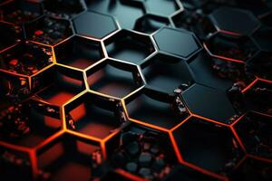 AI generated Abstract black and orange hexagon background. 3d render illustration, Futuristic, High Tech, Black background, with a hexagonal cellular structure, AI Generated photo