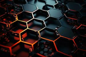 ai generado resumen negro y naranja hexágono antecedentes. 3d hacer ilustración, futurista, alto tecnología, negro fondo, con un hexagonal celular estructura, ai generado foto