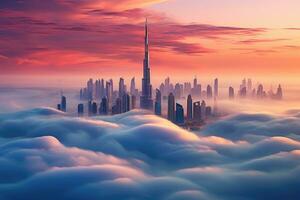 AI generated 3D rendering of a beautiful sunset with skyscrapers and clouds, Dubai sunset view of downtown covered with clouds, AI Generated photo