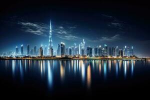 AI generated Dubai skyline at night with reflection in the water, United Arab Emirates, Dubai Panoramic Night View, AI Generated photo