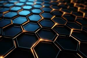 AI generated 3d rendering of abstract background with hexagons in black and orange, Futuristic, High Tech, Black background, with a hexagonal cellular structure, AI Generated photo