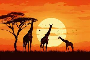 ai generado silueta de jirafa en sabana a puesta de sol vector ilustración, jirafa silueta - africano fauna silvestre antecedentes - belleza en color y libertad, ai generado foto