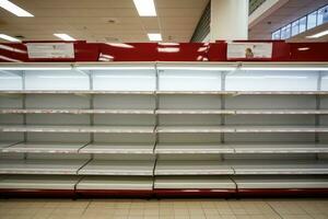 ai generado interior de un supermercado con estantería y estantería para comida productos, comida escasez en un genérico supermercado, con vacío estantes, ai generado foto