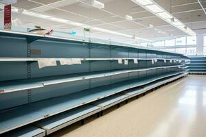 ai generado interior de un supermercado con filas de vacío estantería para comida productos, comida escasez en un genérico supermercado, con vacío estantes, ai generado foto