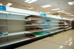 ai generado supermercado interior con estantería lleno de el plastico botellas y contenedores para alimento, comida escasez en un genérico supermercado, con vacío estantes, ai generado foto