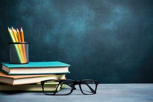 AI generated Stack of books with eyeglasses and pencils on blue background, Glasses, teacher books, and a stand with pencils on the table, on the background of a blackboard with chalk, AI Generated photo