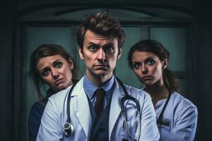 AI generated Group of doctors with stethoscopes on a dark background, Doctor team with a medical stethoscope, AI Generated photo