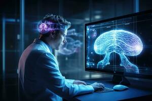 AI generated Young man in virtual reality headset using computer with brain hologram. 3D rendering, Doctor checking brain testing result with a computer interface, abstract, AI Generated photo