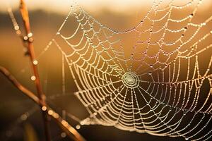 AI generated spider web with dew drops in the morning. shallow depth of field, AI Generated photo