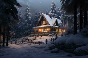 AI generated Winter landscape with a wooden house in the forest. 3d render, AI Generated photo