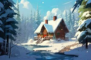 AI generated Winter landscape with a wooden house in the forest. Vector illustration, AI Generated photo