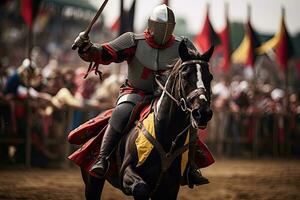 ai generado Caballero en armadura en lado de caballo a histórico recreación festival, ai generado foto