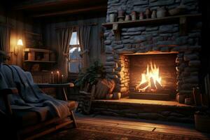 AI generated Cozy living room with fireplace and armchair. 3D rendering, AI Generated photo