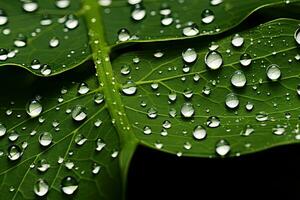 AI generated Water drops on green leaf macro close up. Natural background with copy space, AI Generated photo