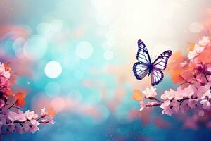 AI generated Beautiful spring blossom background with butterfly and bokeh lights, AI Generated photo