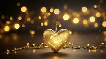 AI generated golden christmas lights with heart line black background, New year and Valentine concept. gold abstract heart shape background for valentine and Christmas. photo