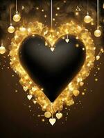 AI generated golden christmas lights with heart line black background, New year and Valentine concept. gold abstract heart shape background for valentine and Christmas. photo