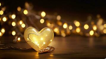 AI generated golden christmas lights with heart line black background, New year and Valentine concept. gold abstract heart shape background for valentine and Christmas. photo