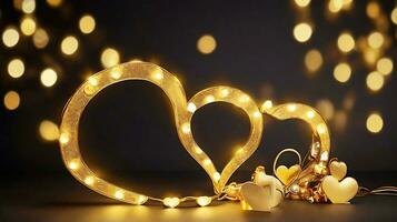 AI generated golden christmas lights with heart line black background, New year and Valentine concept. gold abstract heart shape background for valentine and Christmas. photo