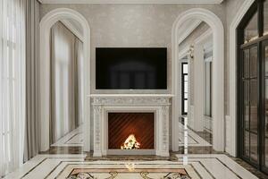 House yard fireplace with white pliers under the TV, near the door. photo