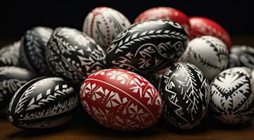 AI generated dozens of painted and red easter eggs on a wooden table photo