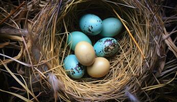 ai generado vistoso huevos en un nido son anidado en verde césped foto